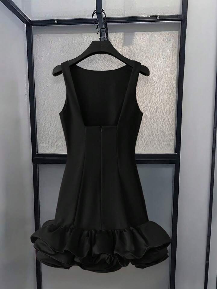 CM-DS349834 Women Elegant Seoul Style Round Neck Sleeveless Ruffle Hem Short A-Line Dress - Black