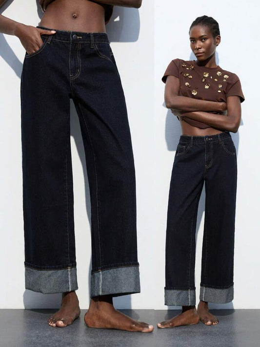 CM-BS881616 Women Casual Seoul Style Dark Wash Straight Leg 7/8 High Waist Loose Fit Denim Pants