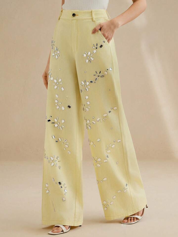 CM-BS166262 Women Casual Seoul Style Baggy Rhinestone Decor Pocket Wide Leg Denim Jeans - Yellow