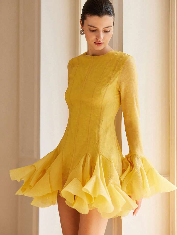 CM-DS291392 Women Elegant Seoul Style High-End Frilled Hem Flared Sleeve Short Dress - Yellow