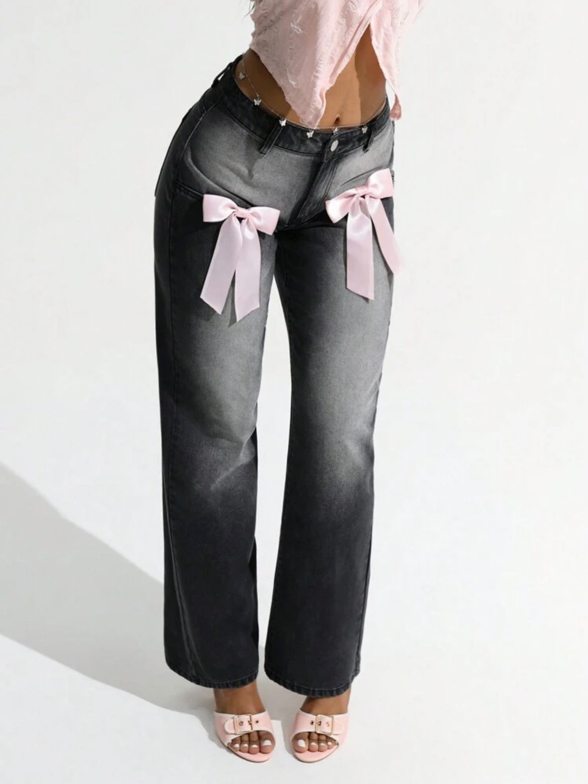 CM-BS282448 Women Casual Seoul Style Low-Waist Bow Decor Fitted Straight Leg Jeans - Black