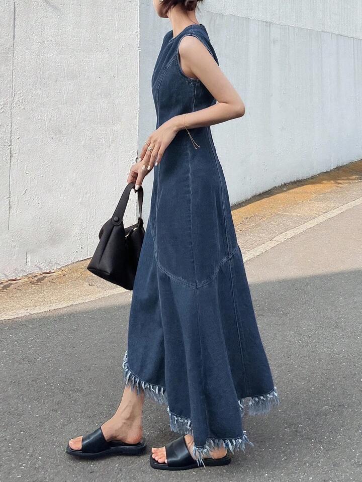 CM-DS567994 Women Casual Seoul Style Round Neck Frayed Hem Sleeveless Loose Denim Dress - Blue
