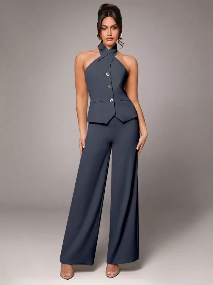 CM-SS288344 Women Elegant Seoul Style Sleeveless Metal Buckle Slim Halter Top With Pants Suit - Dark Gray