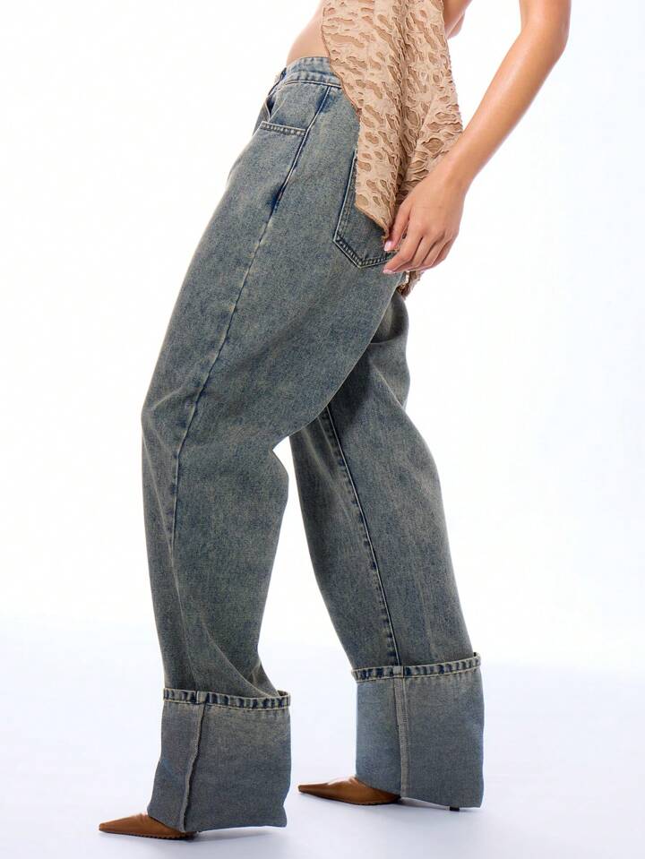 CM-BS968497 Women Casual Seoul Style Straight Leg Washed Loose Denim Trousers