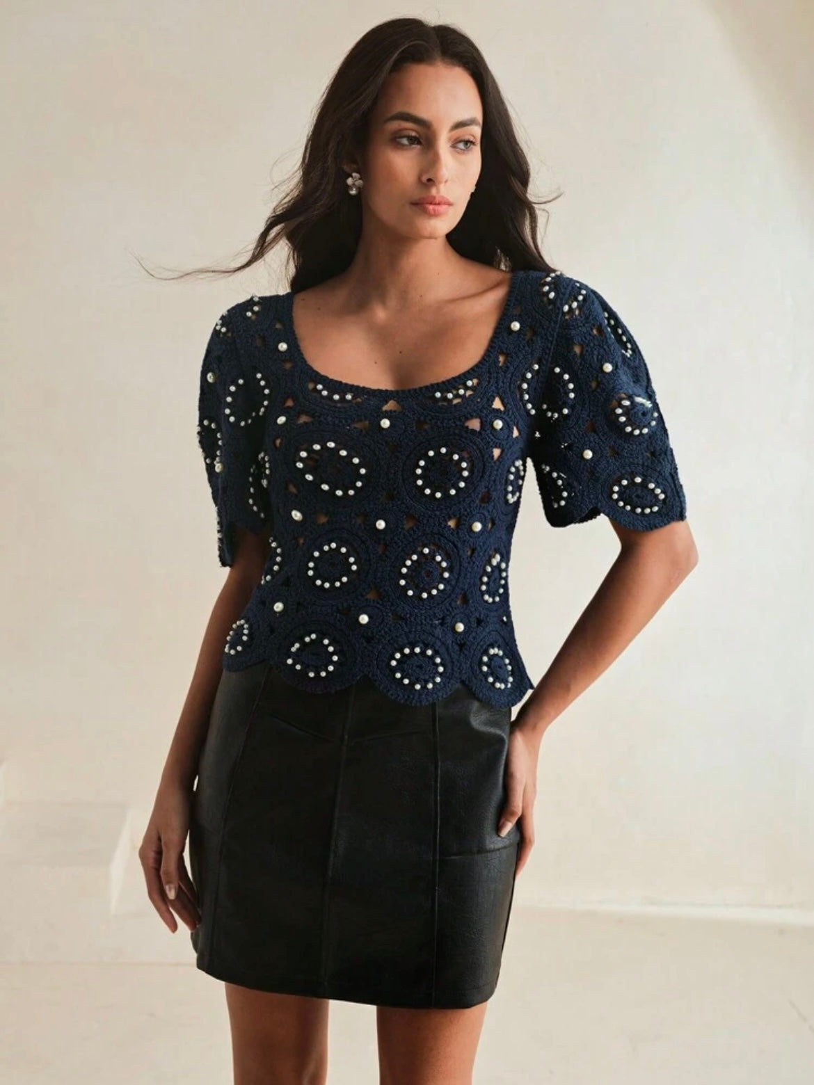 CM-TS769097 Women Casual Seoul Style Crochet Hollow-Out Balloon Sleeve Beaded T-Shirt - Navy Blue
