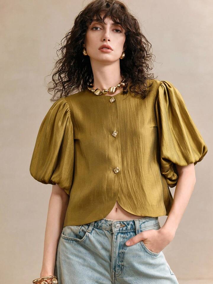 CM-TS013428 Women Elegant Seoul Style Satin Round Neck Puff Sleeve Golden Metal Button Decor Blouse