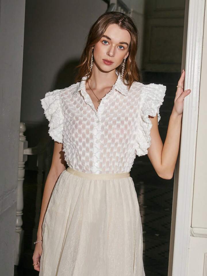 CM-TS395816 Women Casual Seoul Style Floral Embroidered Ruffle Hem Shirt - White