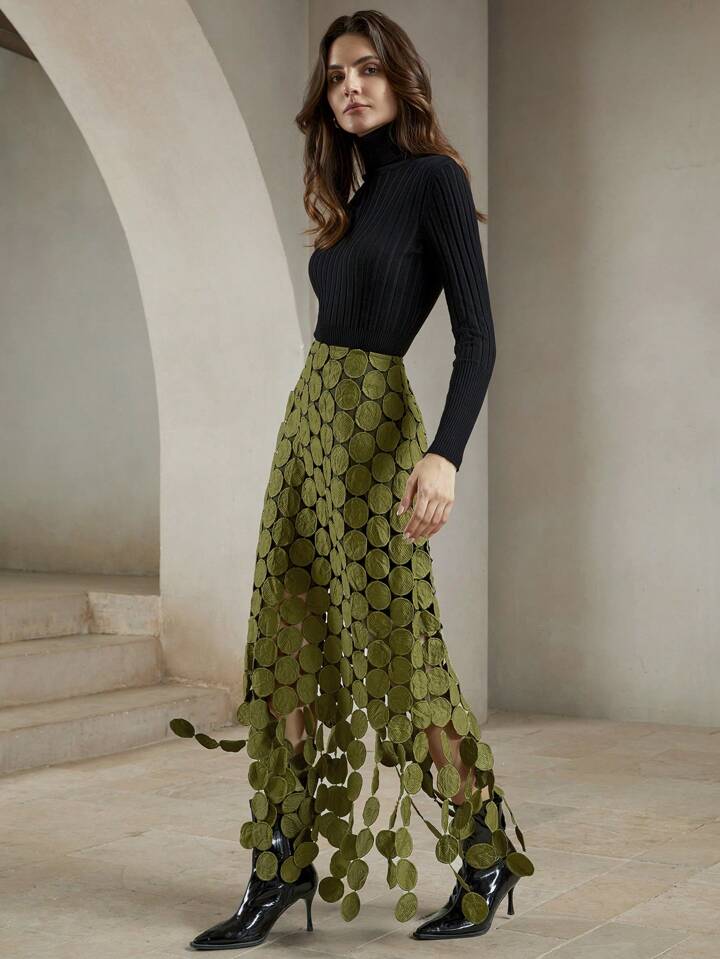 CM-BS505600 Women Trendy Bohemian Style Laser Cut Multi Circle Double Layered Maxi Skirt - Olive Green