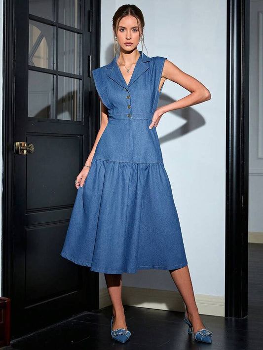 CM-DS599743 Women Elegant Seoul Style Lapel Neckline Sleeveless Midi Dress - Blue