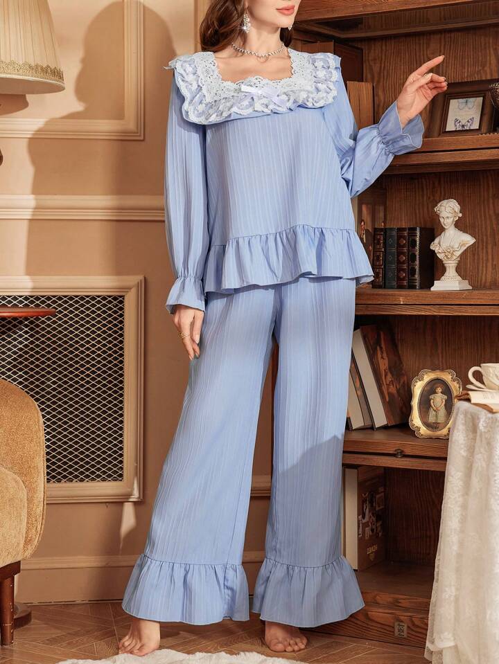 CM-LS389052 Women Trendy Seoul Style Lace Patchwork Turndown Collar Long Sleeve Loose Pajama Set - Blue
