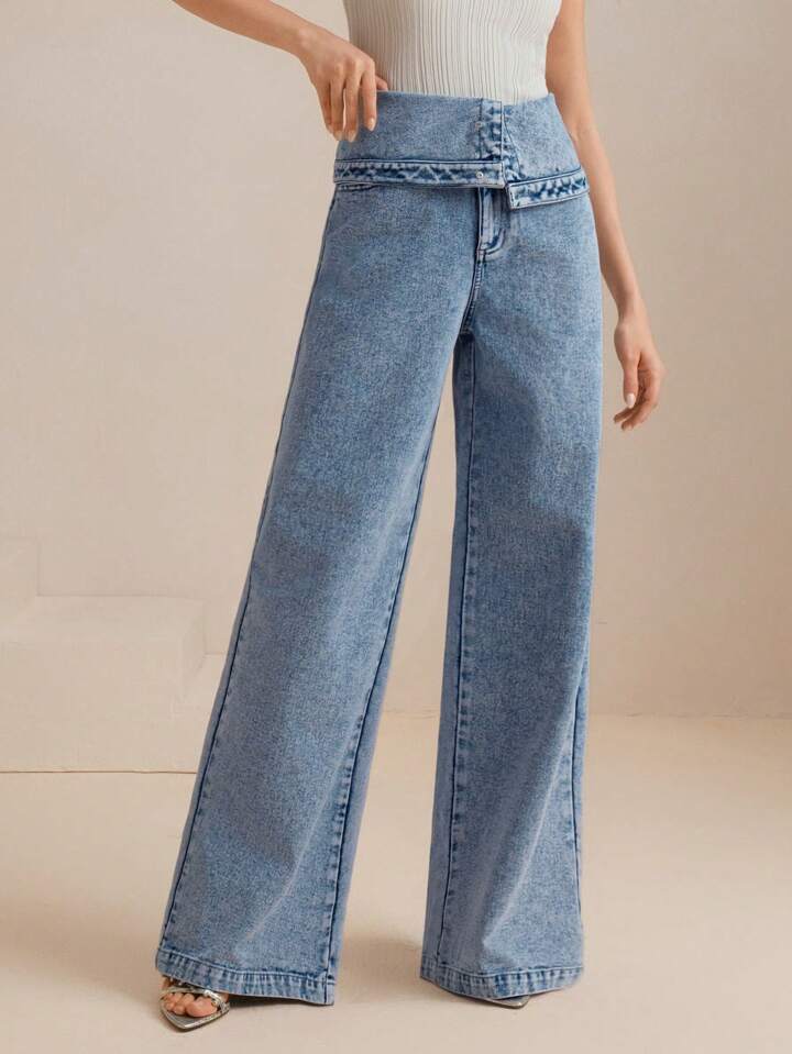 CM-BS088881 Women Casual Seoul Style High Waist Sophisticated Pleated Wide Leg Jeans - Blue