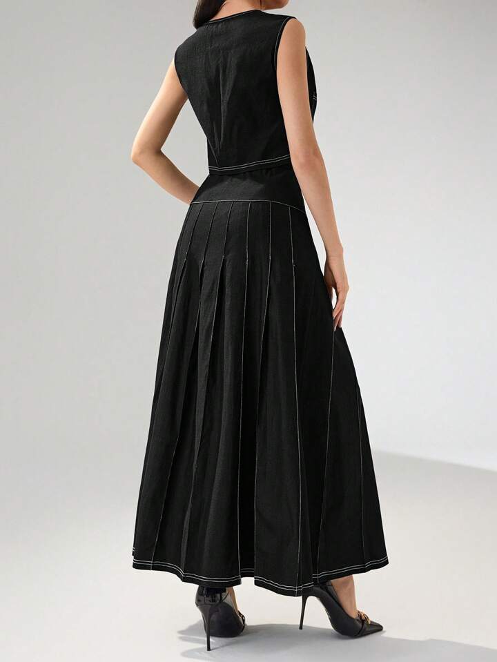 CM-SS928272 Women Elegant Seoul Style V-Neck Front Button Sleeveless Blouse With A-Line Skirt - Set