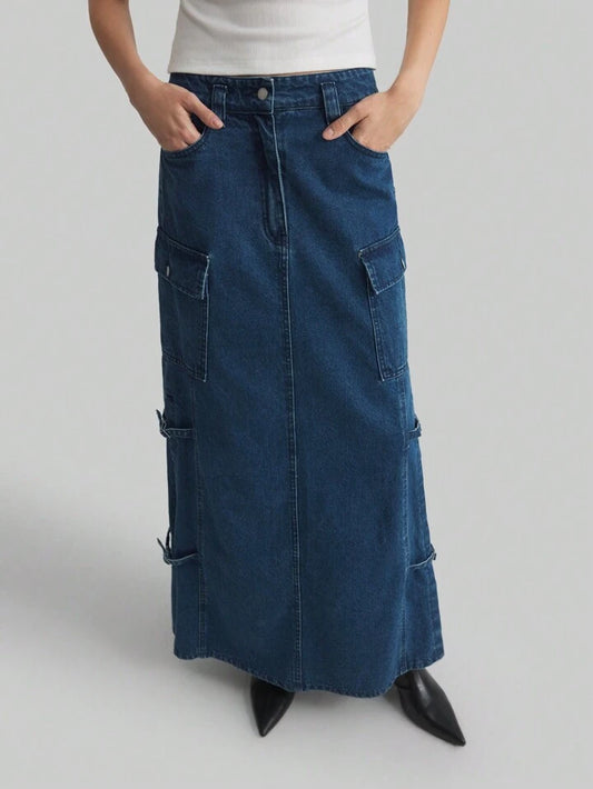 CM-BS254119 Women Casual Seoul Style Mid-Length A-Line Denim Skirt - Blue