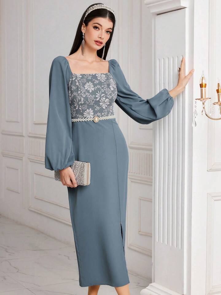 CM-DS952331 Women Casual Seoul Style Jacquard Patchwork Split Hem Lantern Sleeve Dress