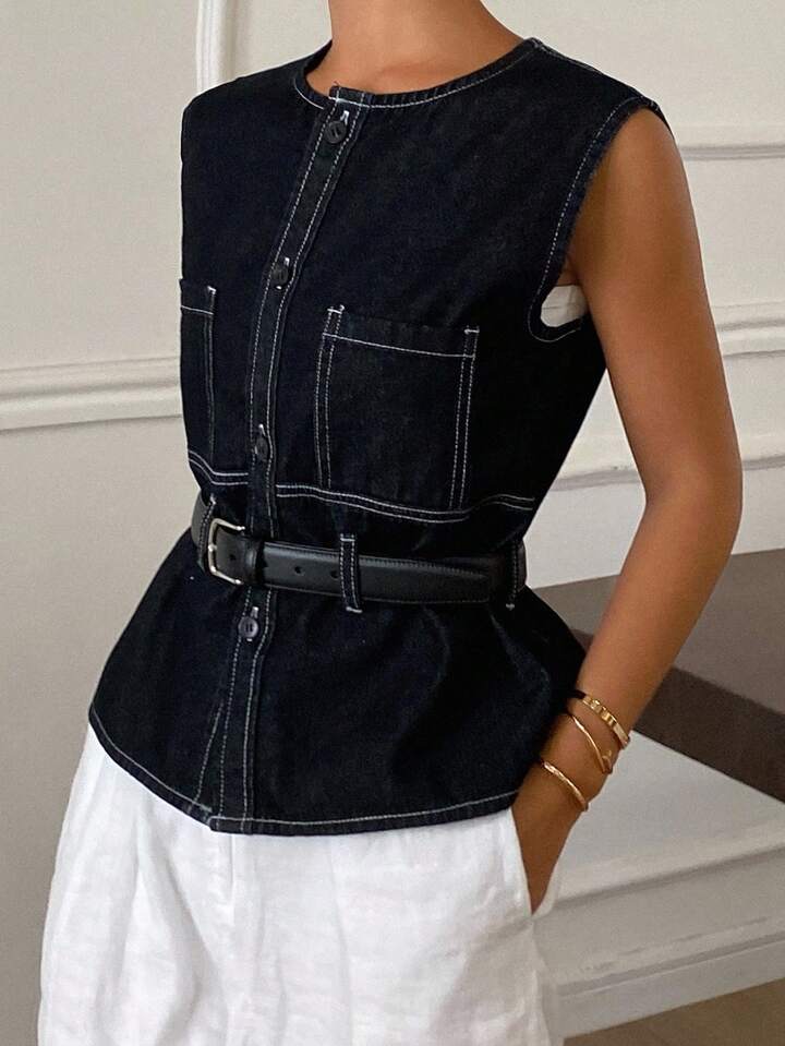 CM-TS170021 Women Casual Seoul Style Round Neck Sleeveless Belted Denim Blouse - Blue