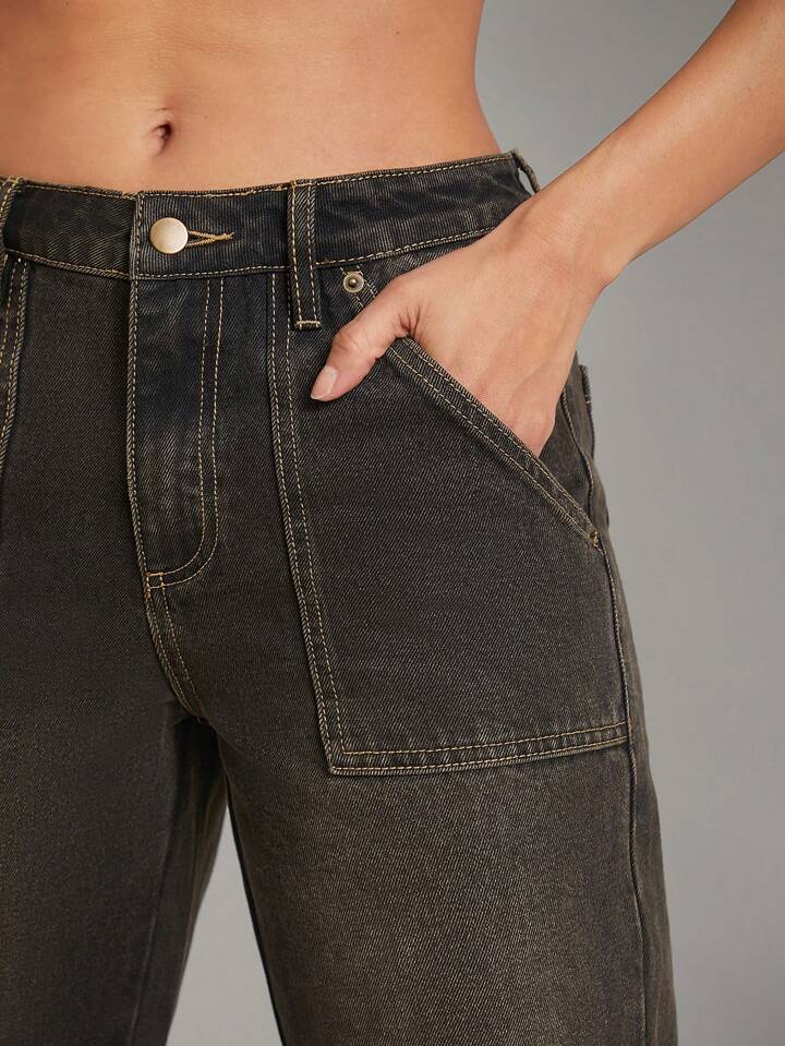 CM-BS159999 Women Casual Seoul Style Ruched Hem Tinted Utility Wide Leg Denim Jeans