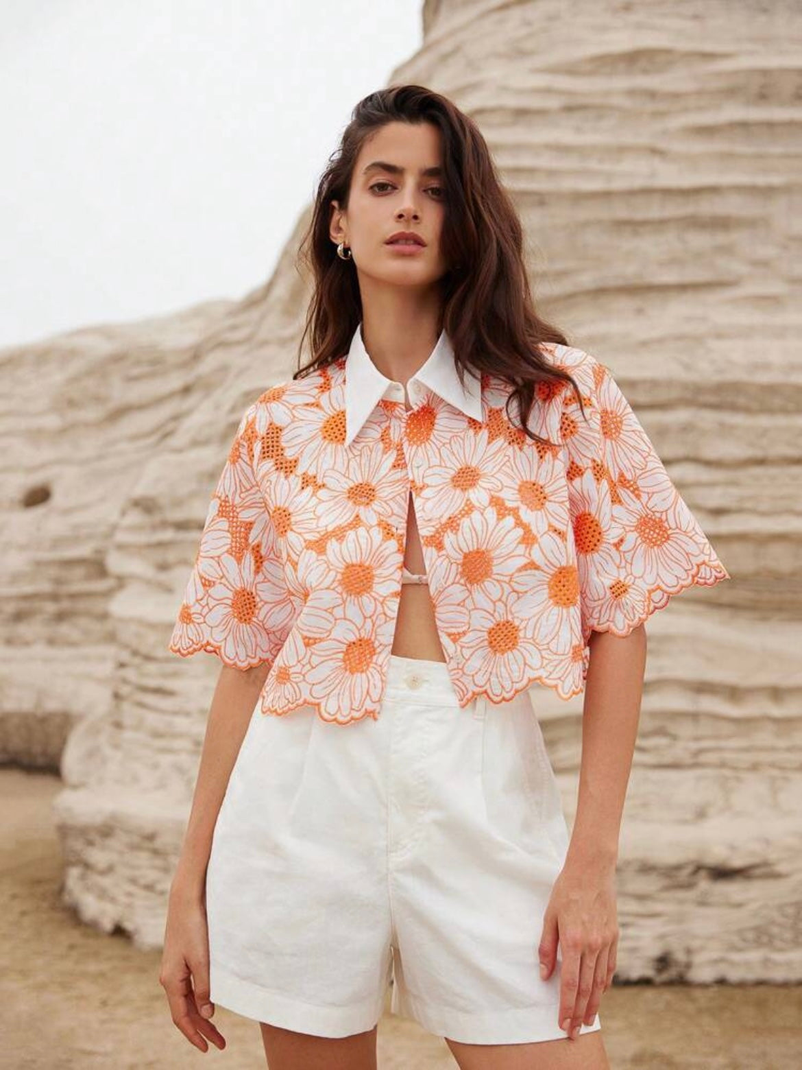 CM-TS660151 Women Trendy Bohemian Style Daisy Embroidery Hollow Out Shirt - Orange