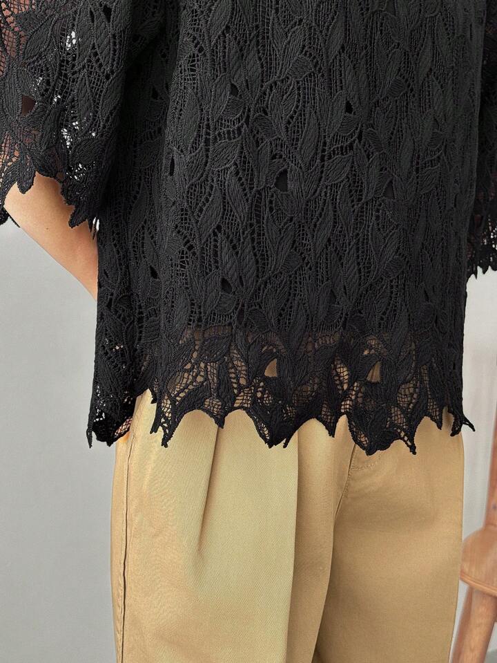 CM-TS404504 Women Elegant Seoul Style Sheer Lace Round Neck Half Sleeve Loose Blouse - Black
