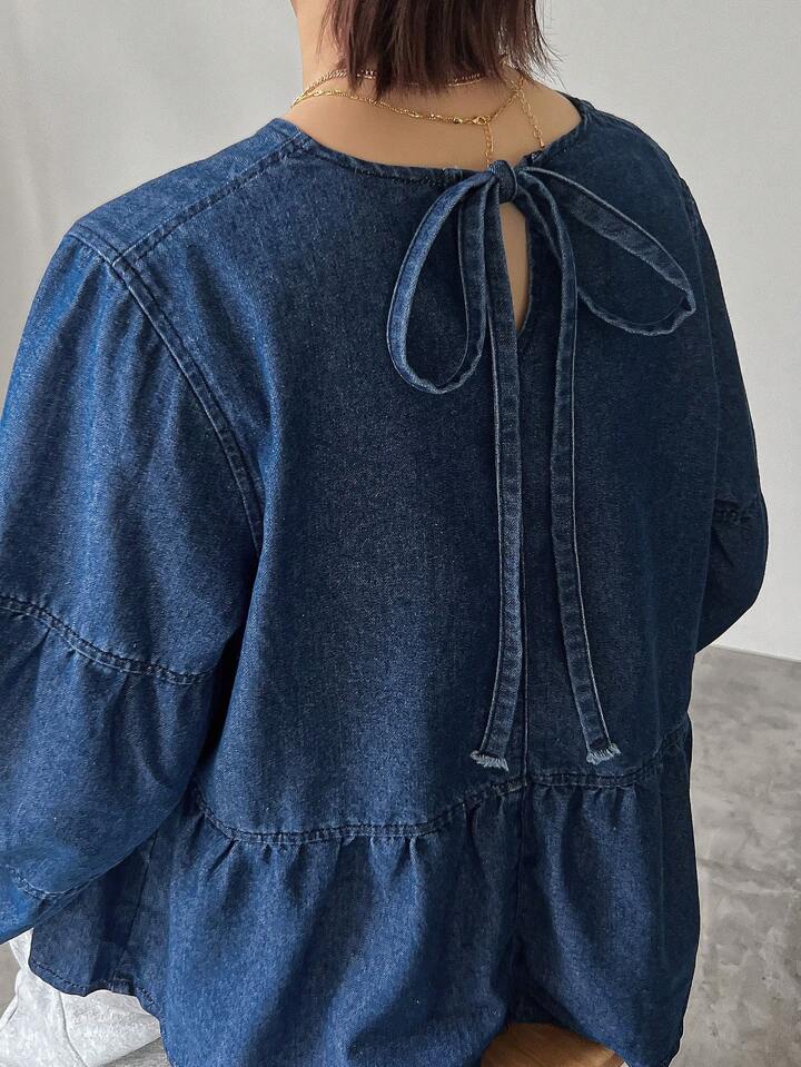 CM-TS499637 Women Casual Seoul Style Solid Color Ruffled Hem Crew Neck Denim Pleated Blouse - Blue