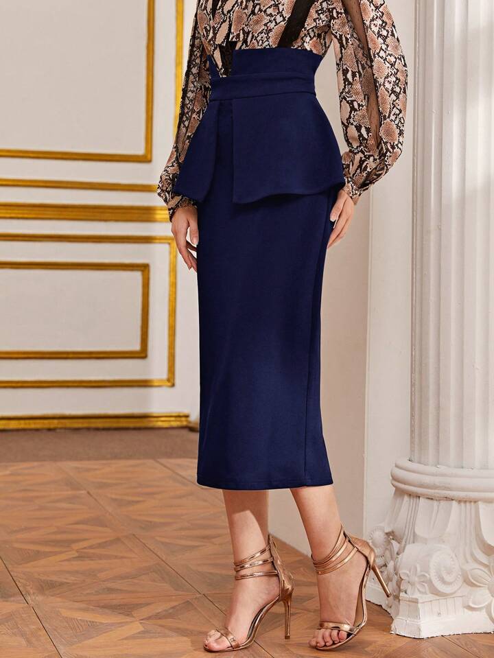 CM-BS024701 Women Elegant Seoul Style Fitted Back-Slit Mid-Length Skirt - Navy Blue