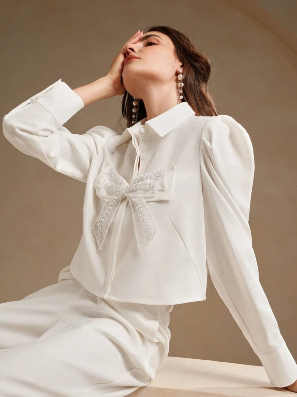 CM-TS706634 Women Elegant Seoul Style Collar Neckline Butterfly Pearl Floral Long Sleeve Blouse - White
