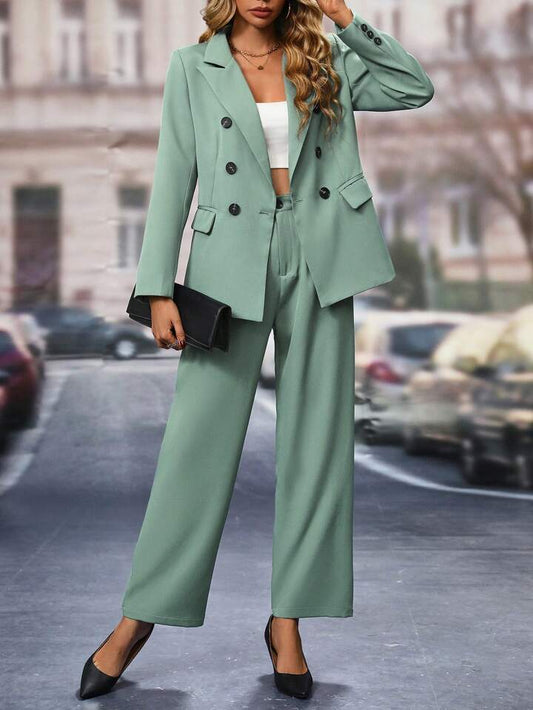 CM-SS338215 Women Elegant Seoul Style Double Breasted Blazer With Wide Leg Pants Suit - Mint Green