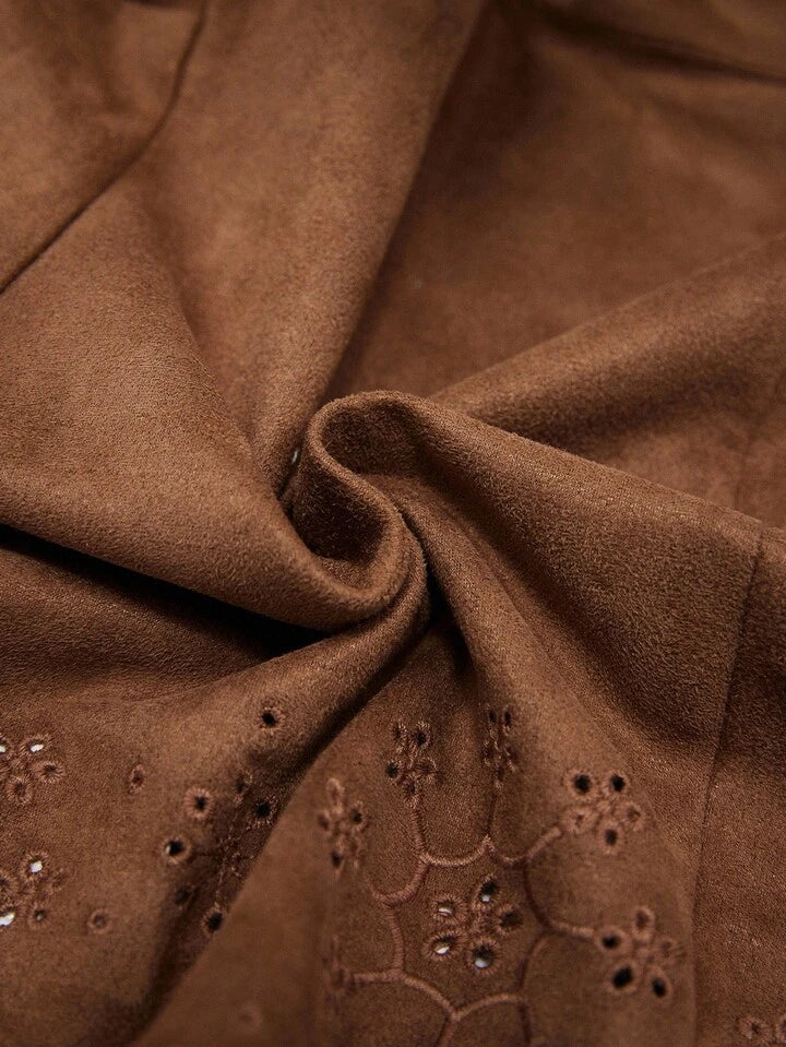 CM-SS666861 Women Elegant Seoul Style Floral Embroidery Faux Suede Puff Sleeve Cargo Jacket With Skirt - Set