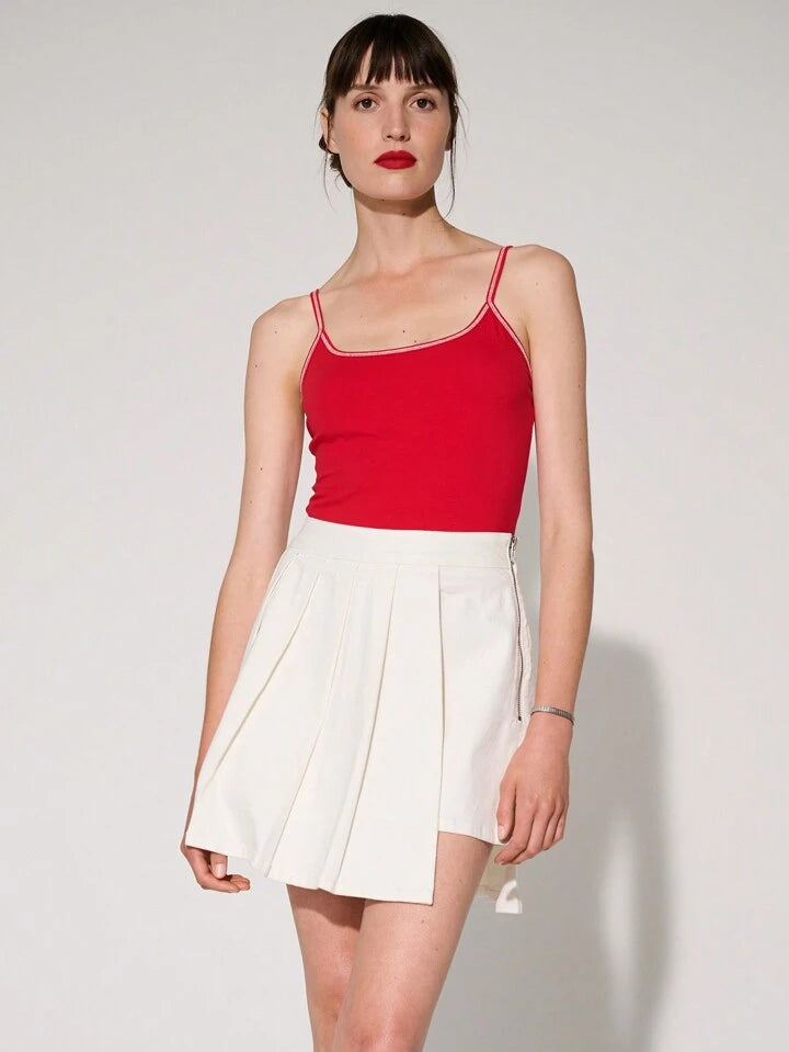 CM-BS554684 Women Casual Seoul Style Drop Waist Pleated Stretch Denim Mini Skirt - White