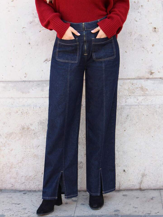 CM-BS261261 Women Casual Seoul Style High Waist Wide Leg Split Hem Denim Pants - Royal Blue