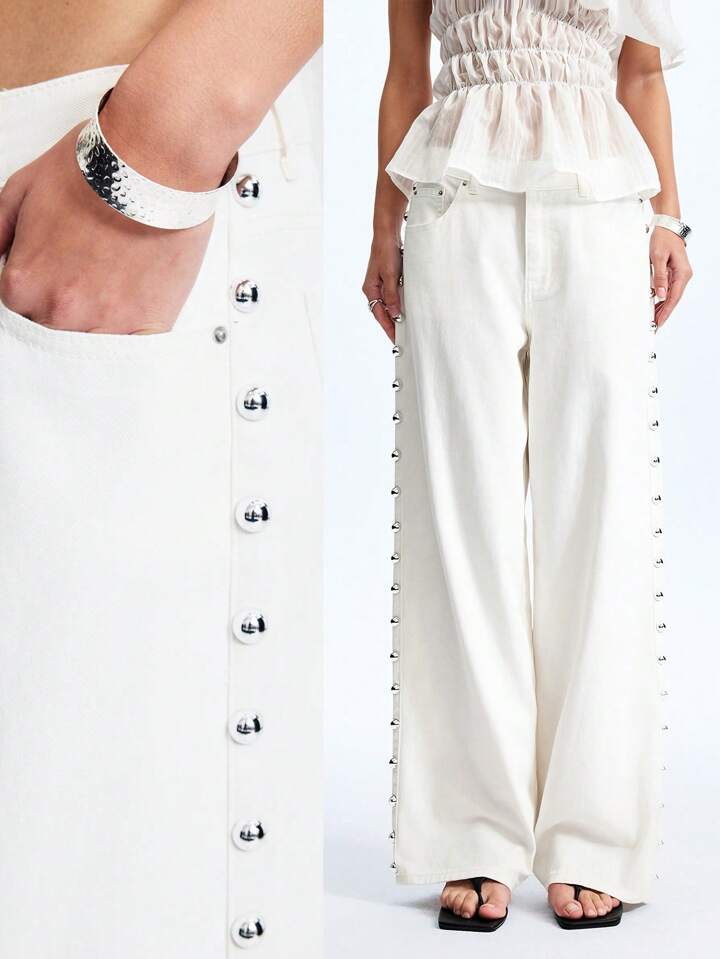 CM-BS362611 Women Casual Seoul Style Low Waist Metal Decoration Denim Trousers - White