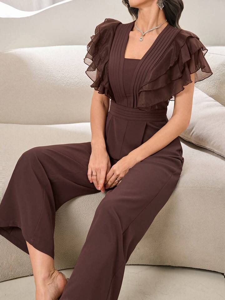 CM-JS303141 Women Elegant Seoul Style Square Neck Flounce Sleeve Ruffle Trim Pleated Jumpsuit - Coffee Brown