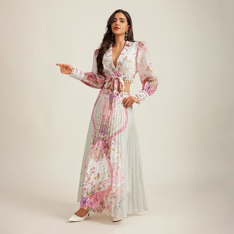 CM-SY010981 Women Elegant European Style Lapel Neckline Long Sleeve Crop Blouse With High Waist Long Skirt - Set