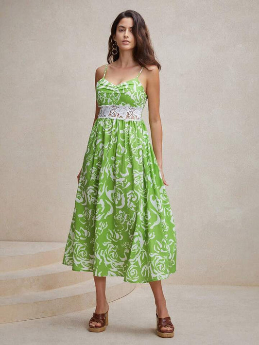 CM-DS220185 Women Trendy Bohemian Style Floral Printed Spaghetti Strap Tie Waist Dress - Green