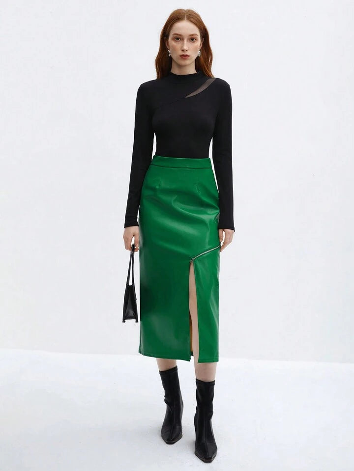 CM-BS095313 Women Elegant Seoul Style High Waist Slit Hem Skinny Skirt - Green