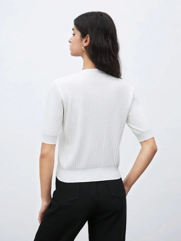CM-TS513431 Women Casual Seoul Style V-Neck Short Sleeve Button Front Knit Blouse - White