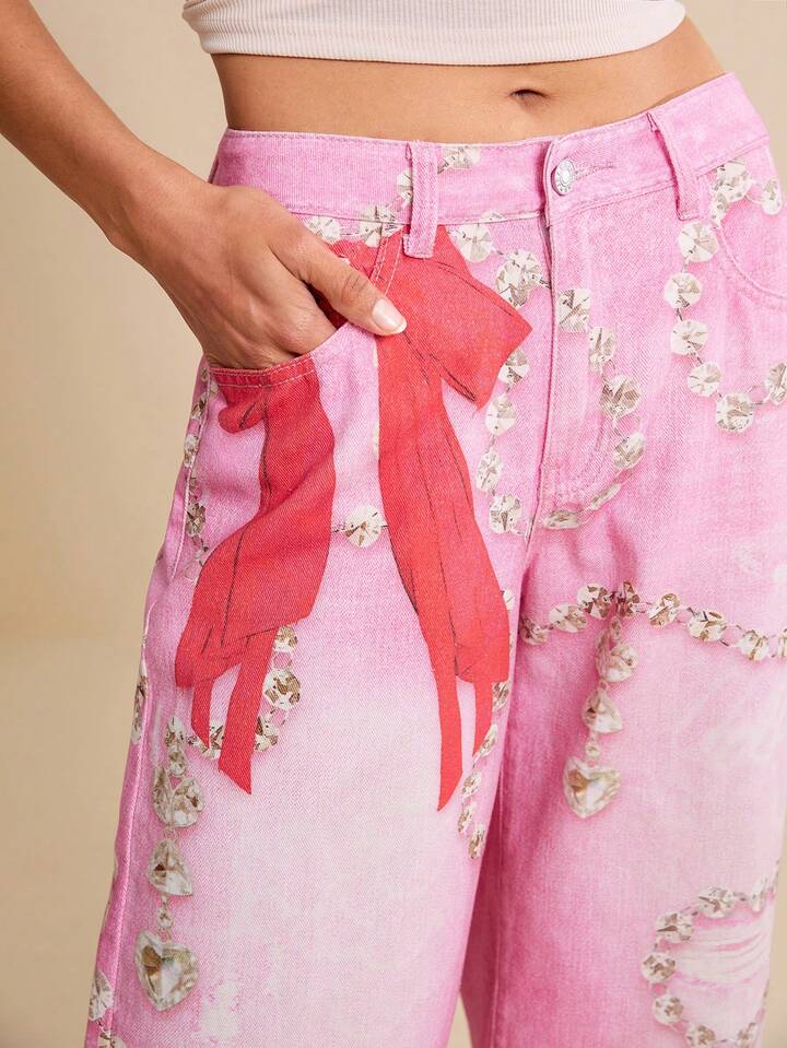 CM-BS460311 Women Casual Seoul Style Low Waist Diamond Necklace Butterfly Print Wide Leg Denim Pants - Pink