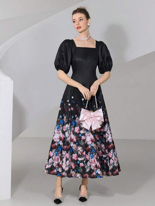 CM-DS656340 Women Elegant Seoul Style Square Neck Puff Sleeve Floral Print Midi Dress - Black