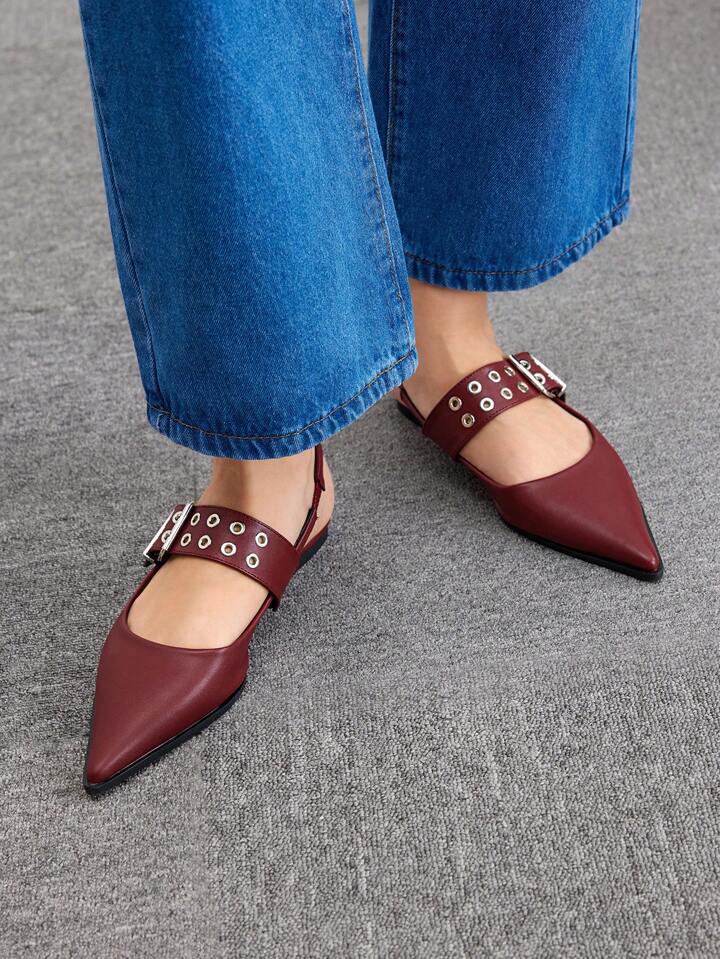 CM-SHS862685 Women Trendy Seoul Style PU Leather Pointed Toe Flat Shoes With Back Strap - Burgundy