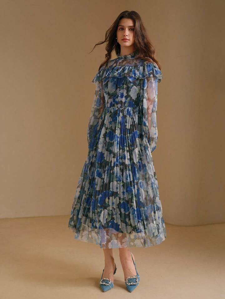 CM-DS839272 Women Elegant Seoul Style Stand Collar Bell Sleeve Ditsy Floral Ruffled Dress - Blue