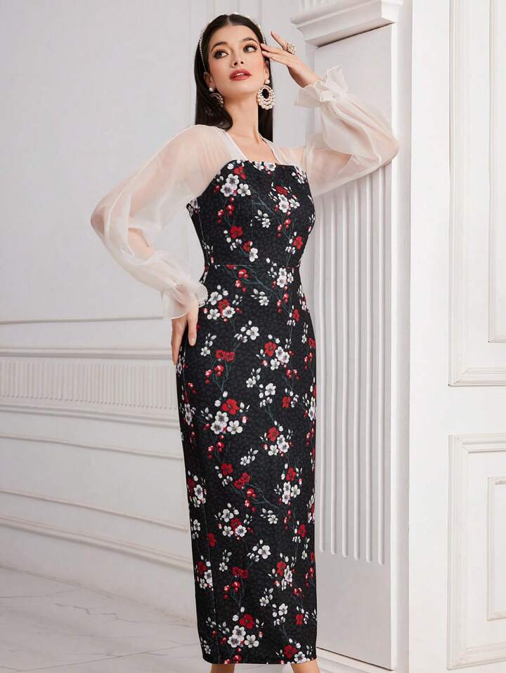 CM-DS562668 Women Elegant Seoul Style Floral Printed Mesh Patchwork Long Sleeve Dress