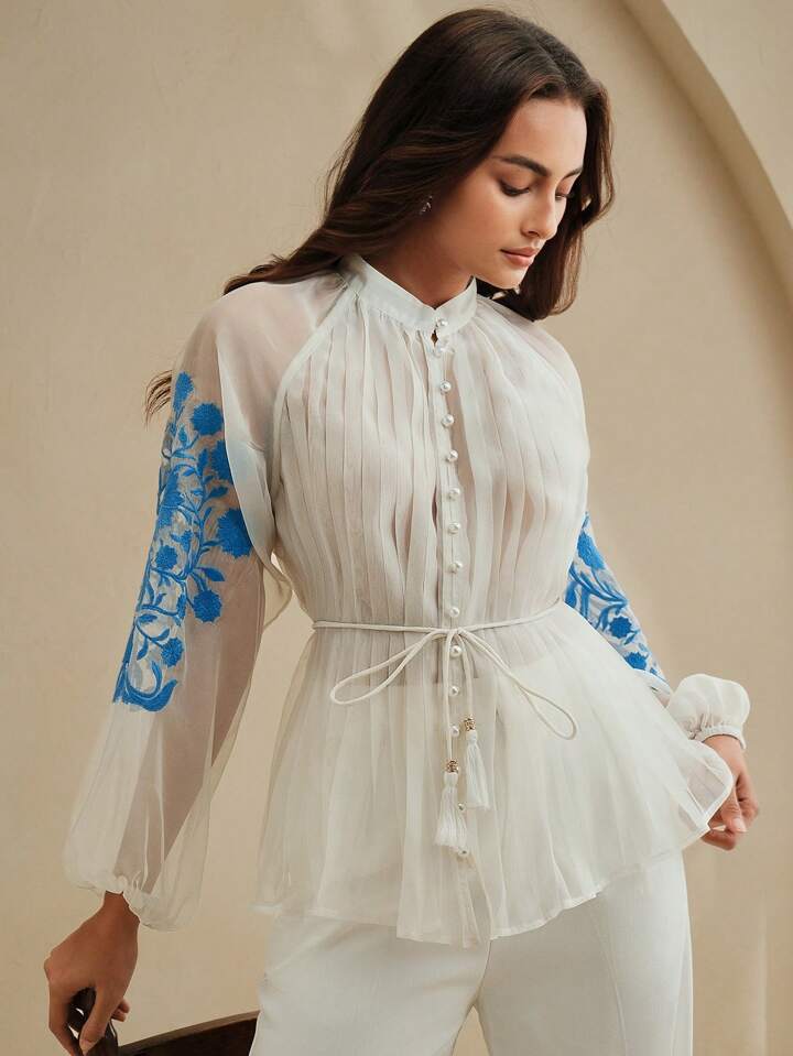 CM-TS691861 Women Elegant Seoul Style Stand Collar Long Sleeve Pleated Embroidered Tie Waist Blouse - Beige