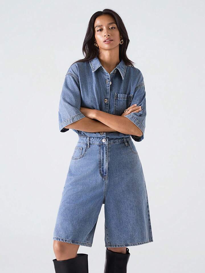 CM-JS350635 Women Casual Seoul Style Medium Wash Collar Neckline Short Sleeve Loose Denim Jumpsuit
