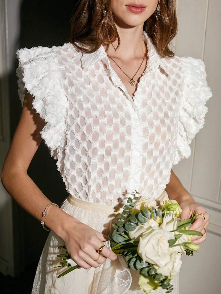 CM-TS395816 Women Casual Seoul Style Floral Embroidered Ruffle Hem Shirt - White