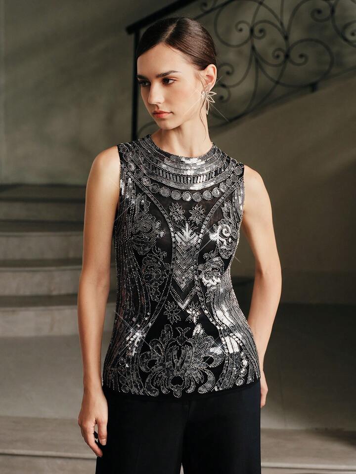 CM-TS151636 Women Elegant Seoul Style Stand Collar Sleeveless Slim Fit Beaded Vest Top - Black