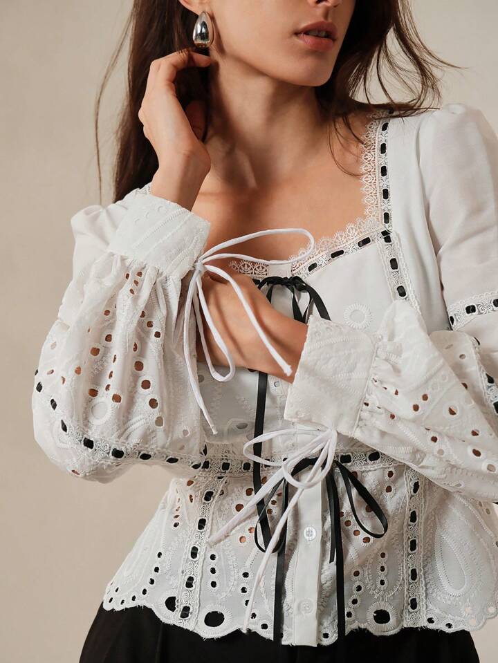CM-TS664319 Women Elegant Seoul Style Embroidery Square Collar Waist Tightened Puff Sleeve Shirt