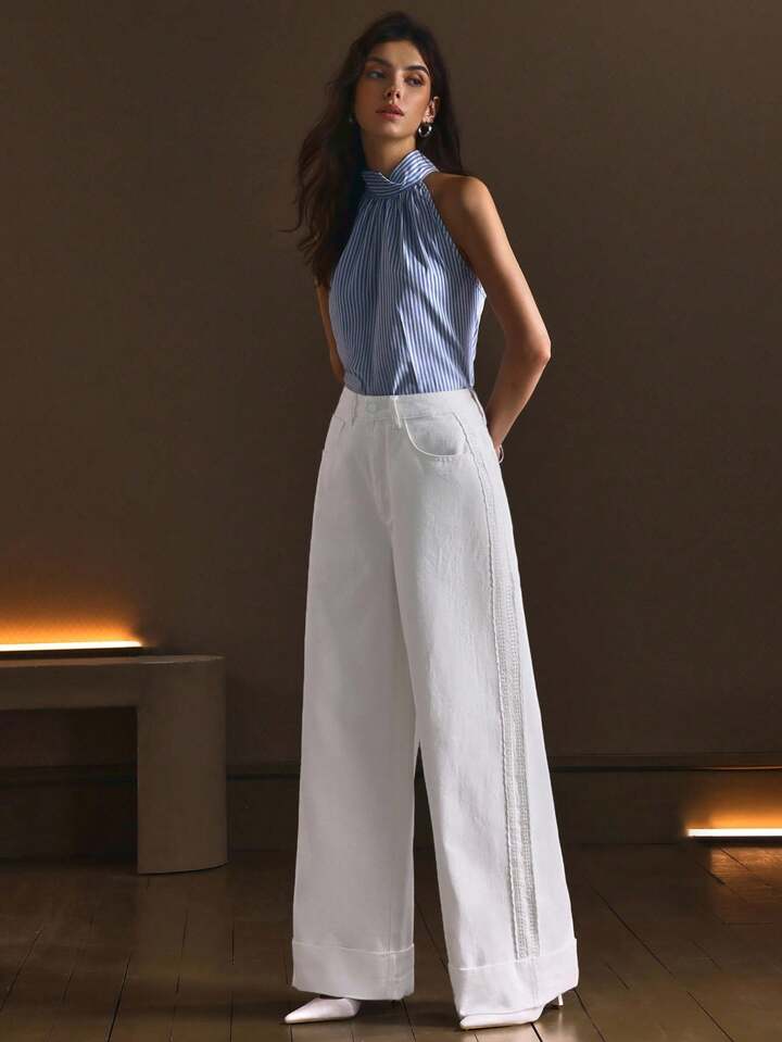 CM-BS517956 Women Casual Seoul Style Mid Waist Floral Lace Patchwork Straight Leg Jeans - White
