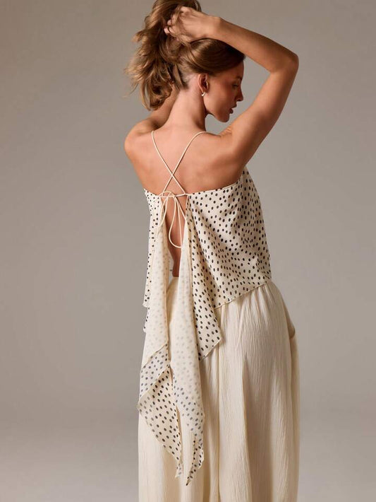 CM-TS300236 Women Casual Seoul Style Sheer Polka Dot Halter Back Tie Detail Sleeveless Blouse - Black and White