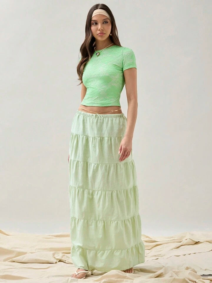 CM-BS019082 Women Trendy Bohemian Style Ultra Low Waist Pleated Maxi Skirt - Mint Green