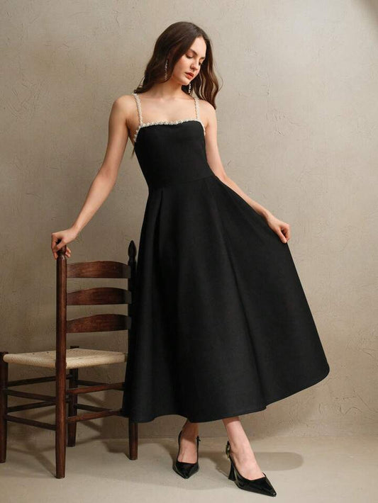 CM-DS870179 Women Elegant Seoul Style Velvet Spaghetti Strap Pearl Trim High Waist A-Line Midi Dress - Black