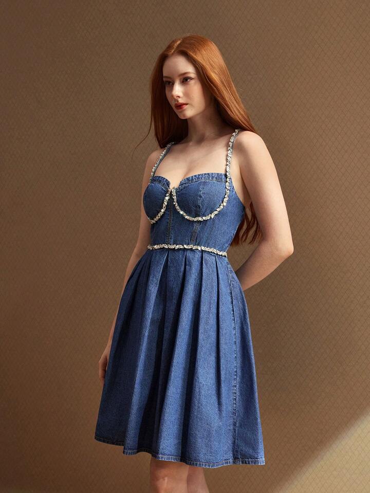 CM-DS808228 Women Elegant Seoul Style Rhinestone Chain Design Sleeveless Denim Mini Dress - Blue